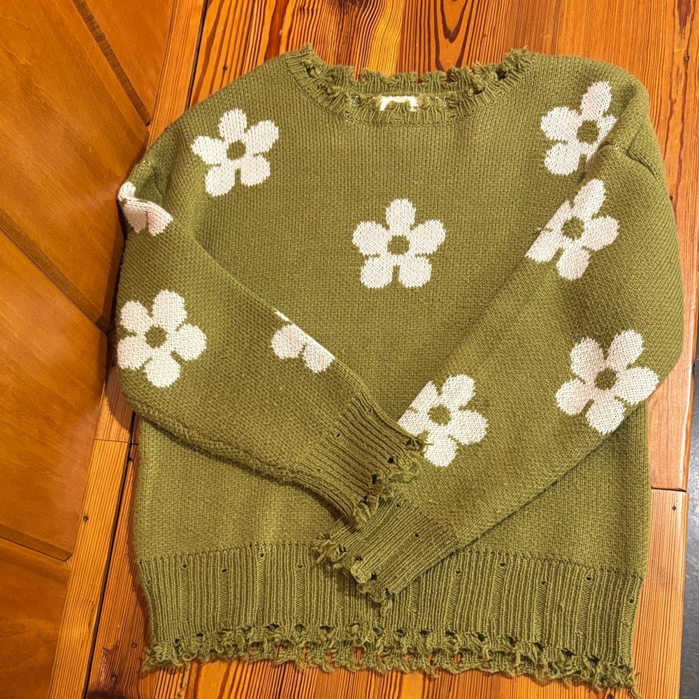Hayden Green Sweater with White Floral Pattern